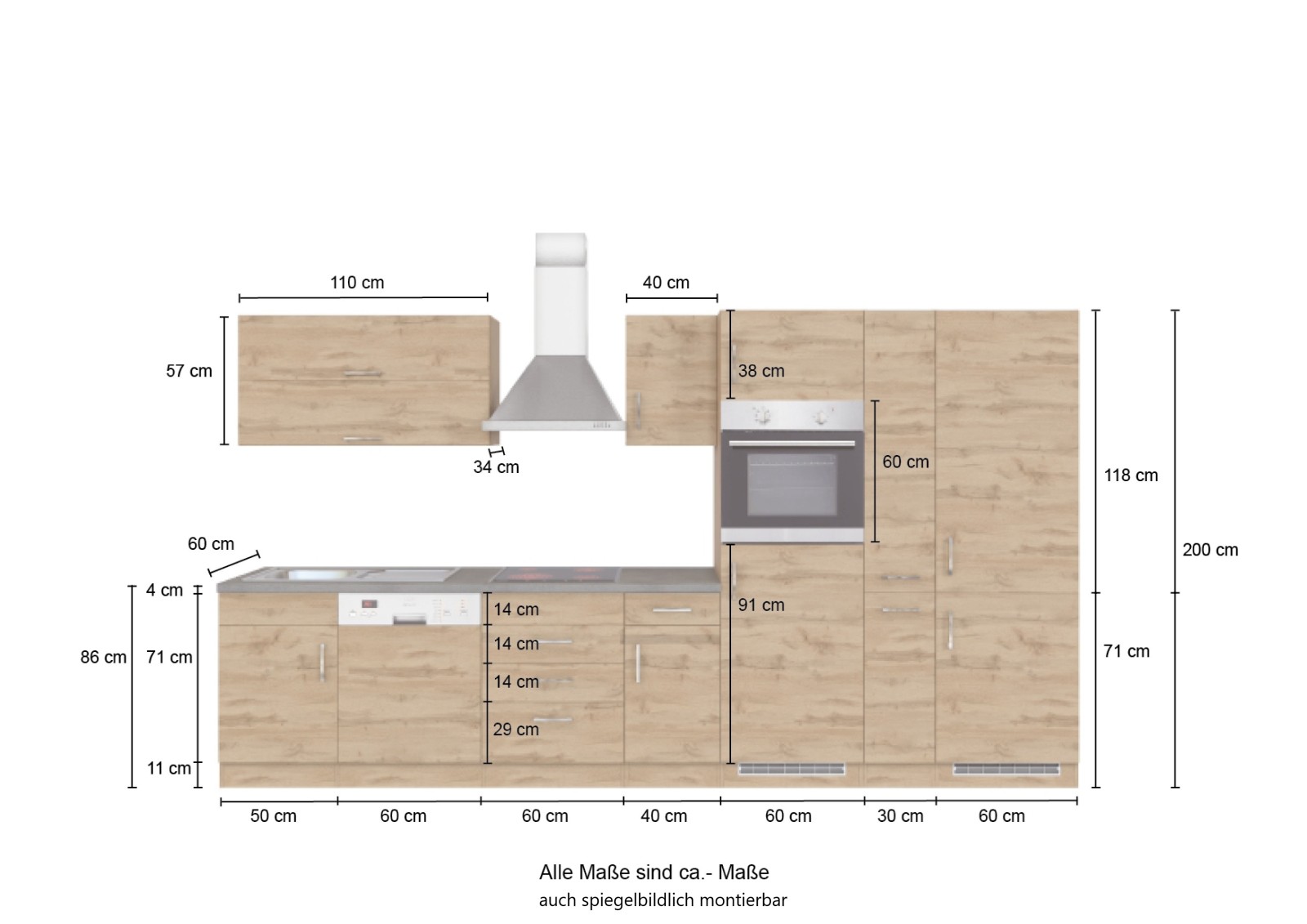 Küchenblock SORRENTO - Wotan-Eiche - grafit - 360 cm