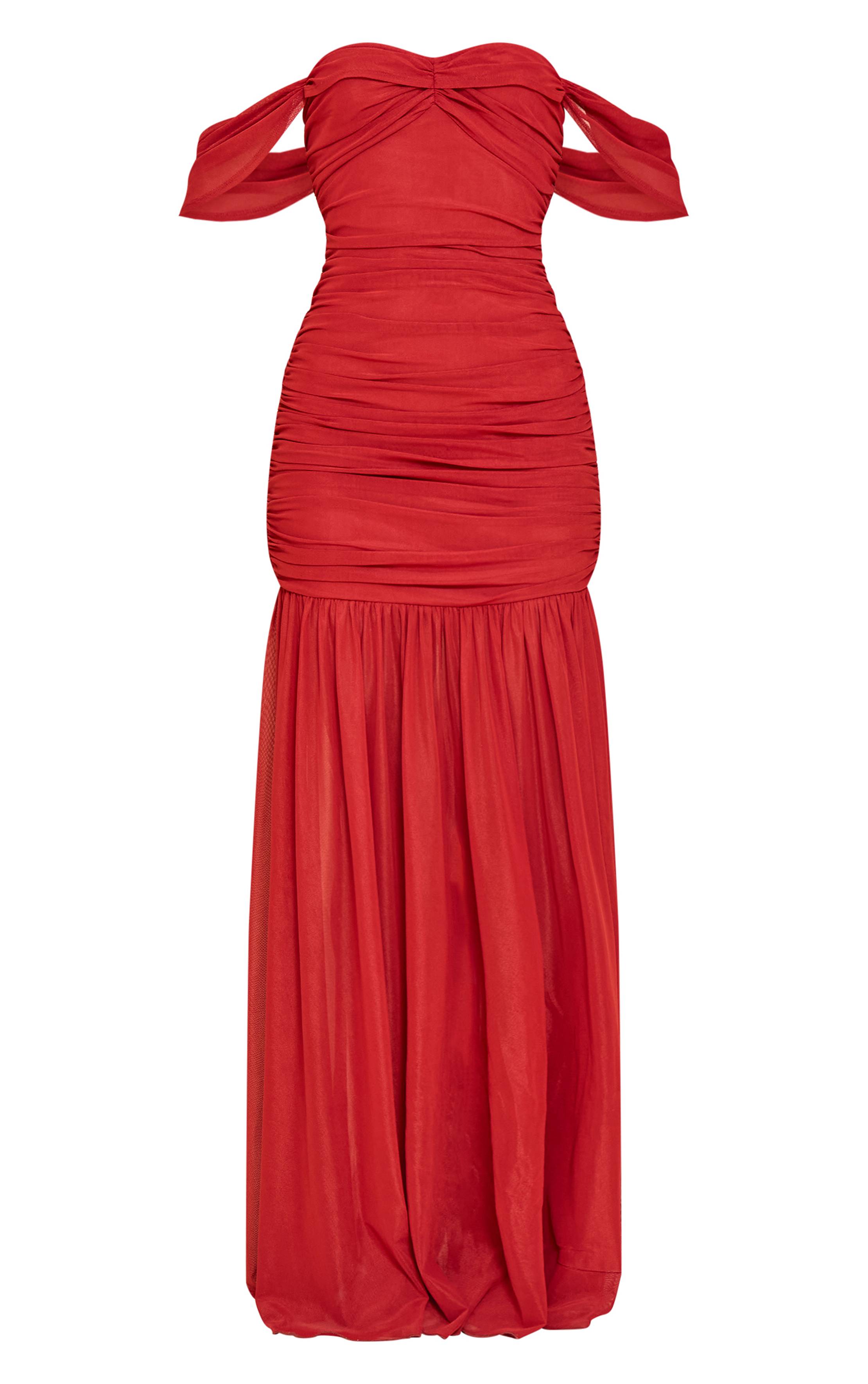 Rouge Robe Longue En Mesh À Épaules Dénudées Avec Détails Froncés