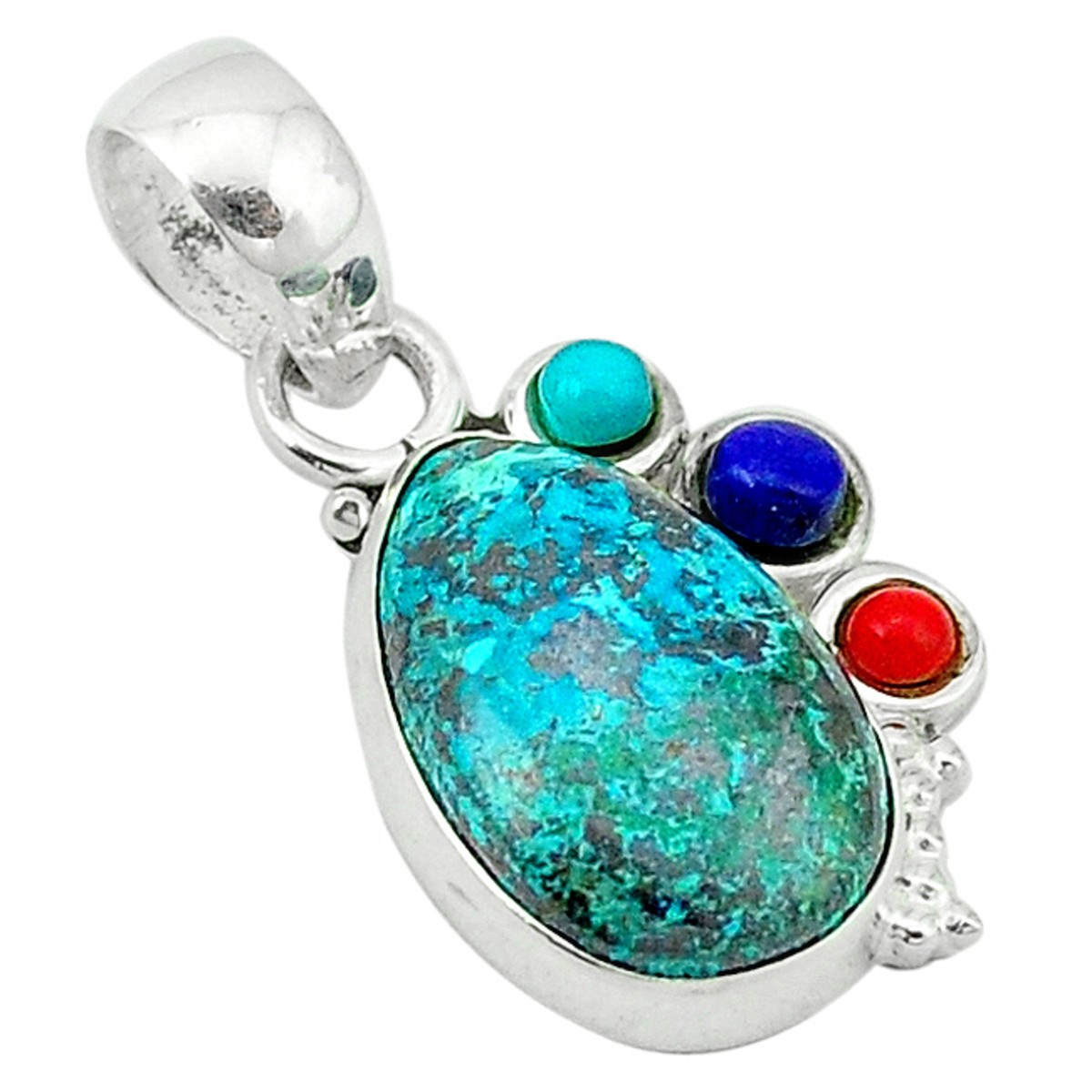 Pendentif goutte en chrysocolle verte, turquoise, lapis et argent 2cm gxi101