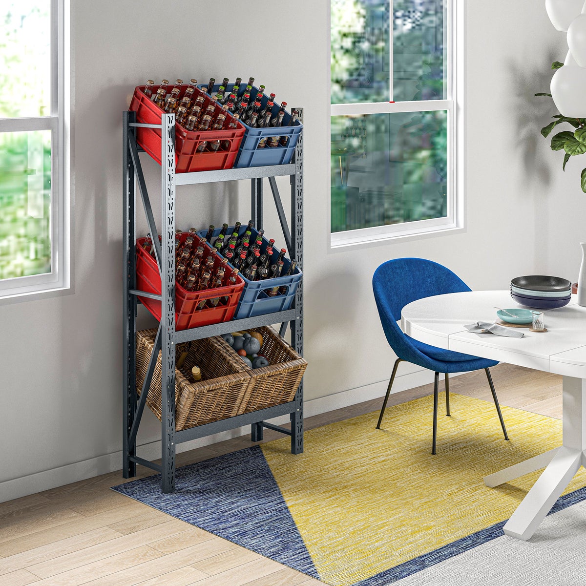 HOMCOM Drankkrattenrek voor 6 kratten, vrijstaand drankenrek met 3 verstelbare planken, krattenrek, 80 x 30 x 160 cm, staal, grijs