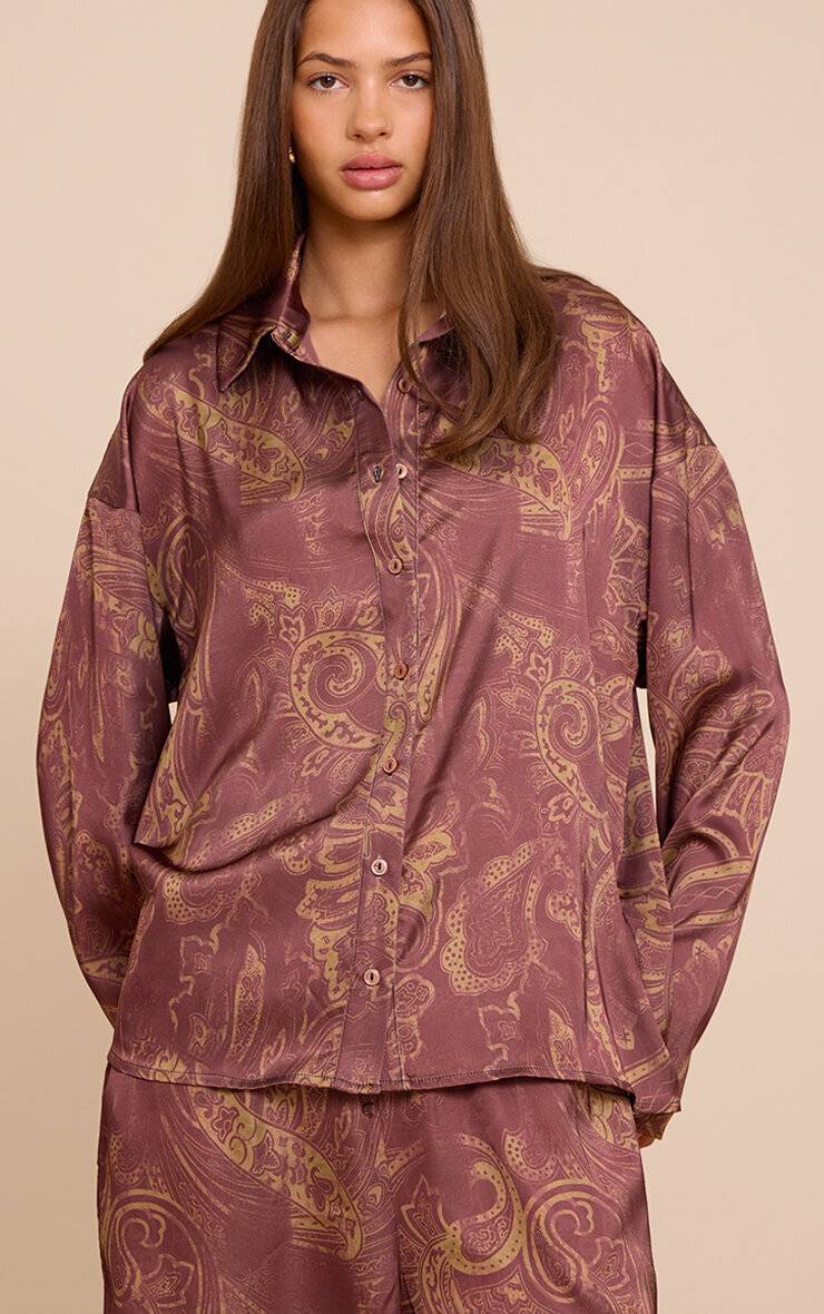 Marron Ensemble Coordonné Chemise En Satin Imprimé Cachemire