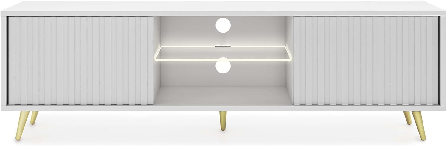 Selsey TV Schrank Board Sideboard Fernsehtisch Fernsehschrank Mit Lamellen 135 cm Goldene Beine Weiß Bello