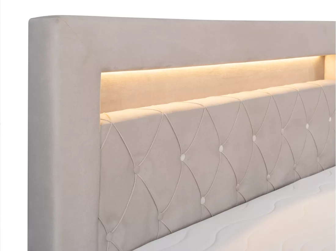 Ensemble complet literie déco tête de lit avec led + sommiers coffre + matelas + surmatelas - 160 x 200 cm - Velours - Beige - ORANA de YSMÉE