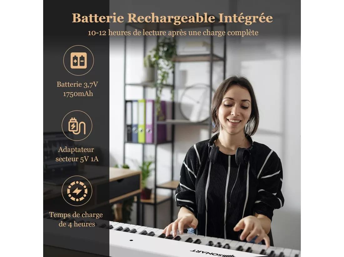 Piano Numérique Pliable à 88 Touches avec Pupitre, 2 Modes d'Apprentissage, MP3/USB/MIDI 126x20,5x6cm, Blanc