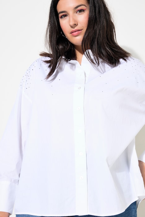 Hemdbluse, oversized, Strass, Langarm