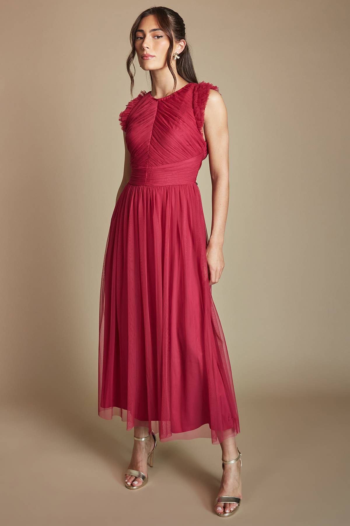 Oasis Robe De Demoiselle D'honneur Mi-longue En Tulle À Volants Et Corsage Plissé