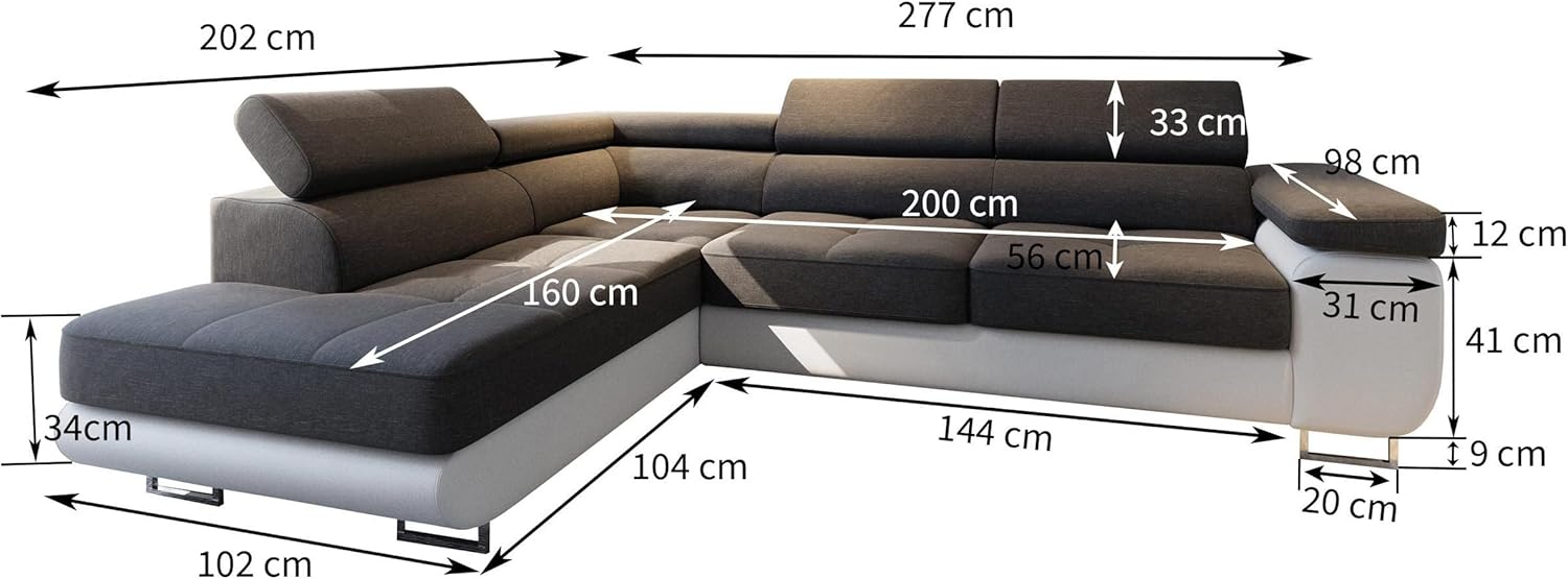 Masseno Ecksofa Selva L-S mit Schlaffunktion L-Form, Glamour Sofa mit Bettkasten, Wohnzimmersofa, Couch, Soffa, Bettsofa, Couchgarnitur - Grau, Monolith 85