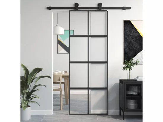 Porte coulissante noir 76x205 cm verre trempé aluminium