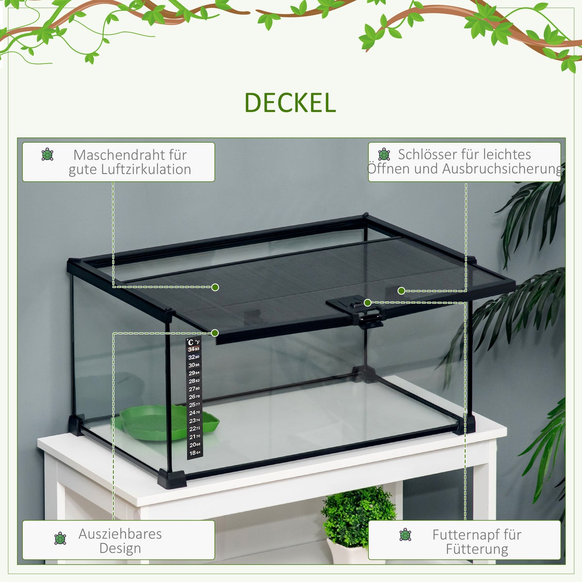 PawHut Reptielenbox, 50L x 30B x 25H cm, Gehard glas, Staal, Zwart