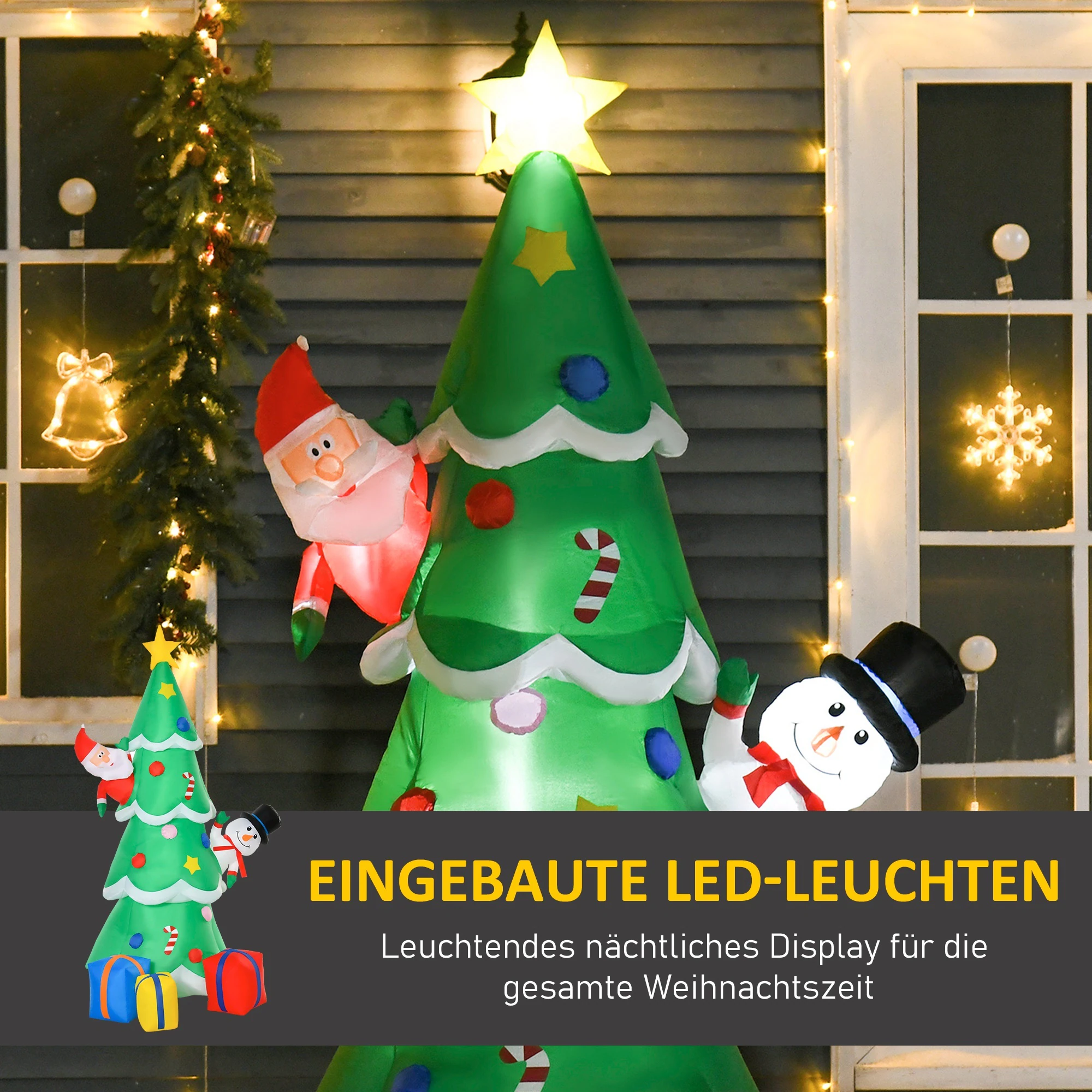 HOMCOM Aufblasbarer Tannanbaum mit Schneemann, Weihnachtsmann und Geschenken Grün 144 x 125 x 210 cm (BxTxH)