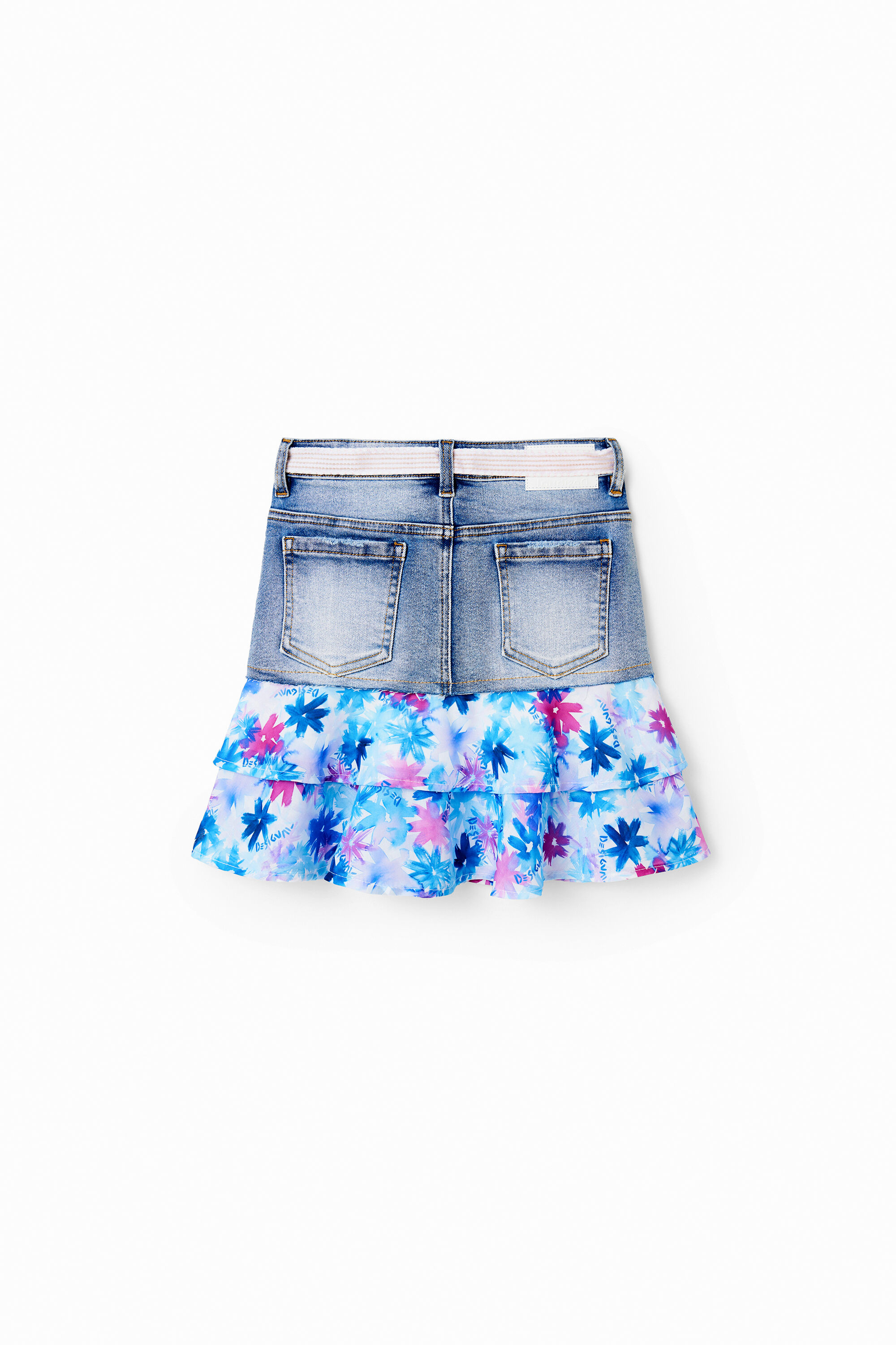 Mini-jupe en jean volants fleurs
