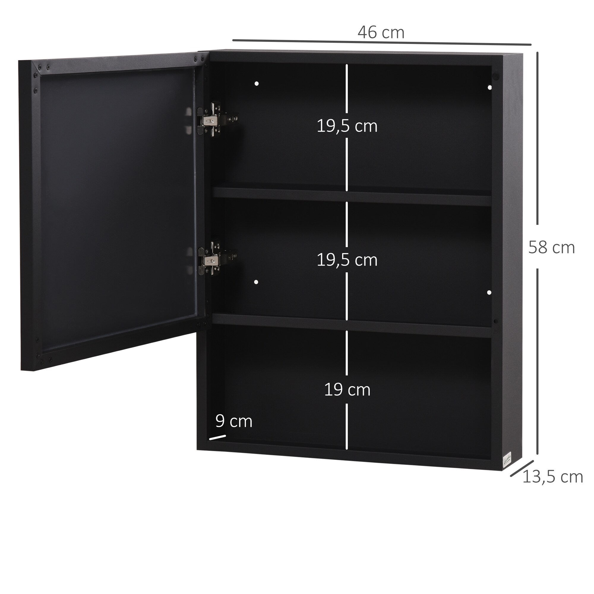 kleankin Spiegelschrank mit einer Tür und extra Fach schwarz 46L x 13,5B x 58H cm