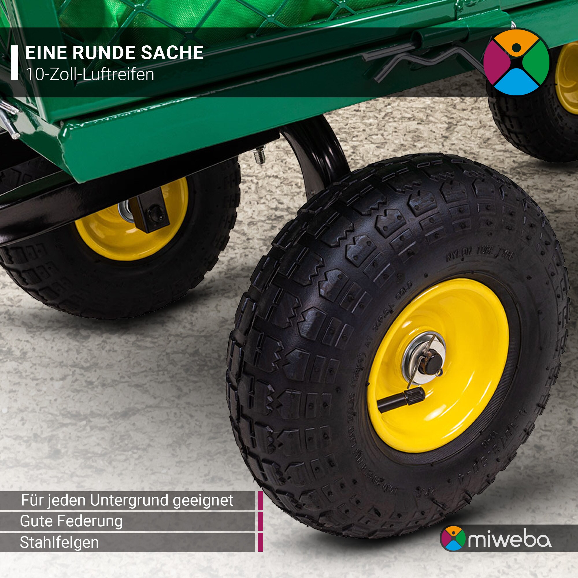 Miweba Bollerwagen MB-550, klappbare Seitenwände, Zuladung bis 550 kg, abnehmbare Polyesterplane (Grün)
