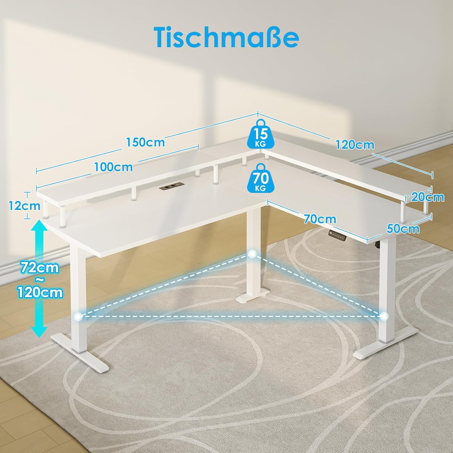 OffiGo Eckschreibtisch Höhenverstellbar, 150x120cm Schreibtisch Höhenverstellbar mit Steckdose, Elektrischer Schreibtisch L Form mit Monitorständer, Weiß