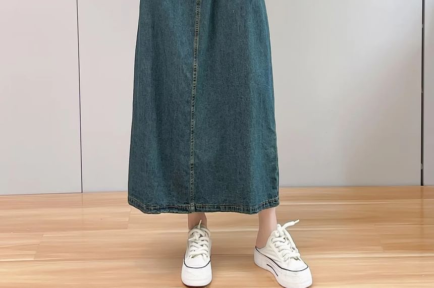 Aigan - Henley denim maxi-overhemdjurk met korte mouwen