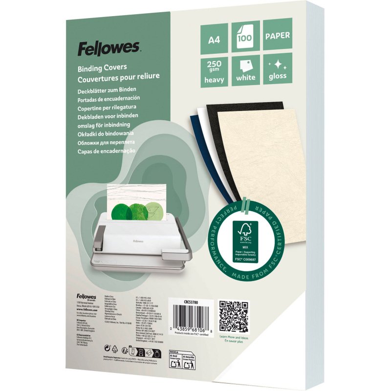 Couverture de reliure carton 250 g Fellowes blanche - Paquet de 100