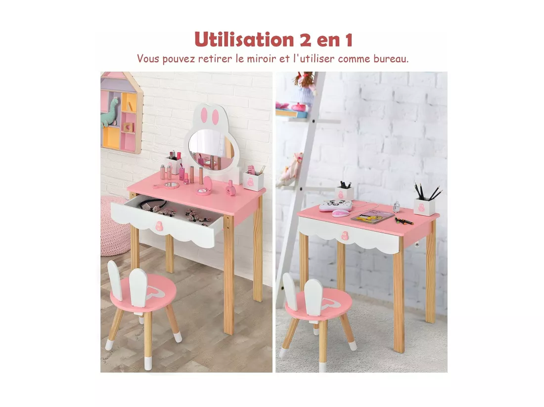 Coiffeuse pour enfants 2 en 1 avec miroir amovible et tabouret tiroirs boîte de rangement