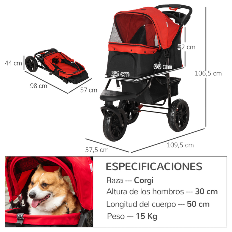 Carrinho de passeio dobrável para animais de estimação PawHut, vermelho