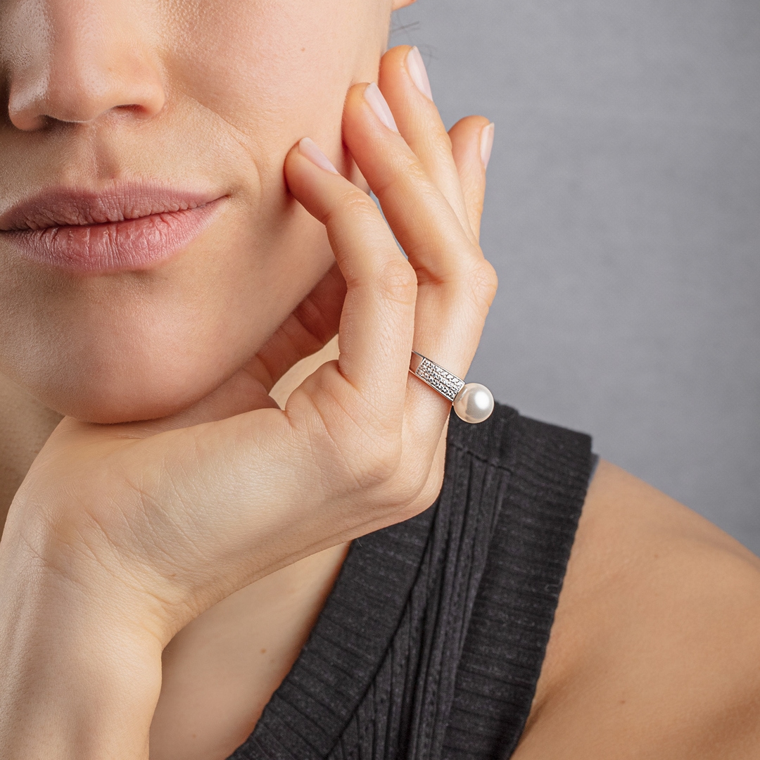 Damenring 925 Silber rhodiniert mit Kunstperle 9mm und Zirkonia pavé