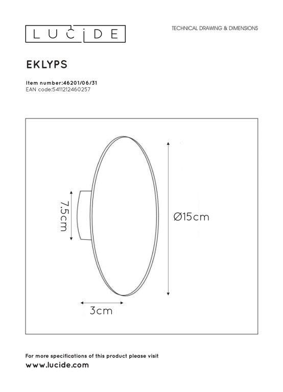 Lucide Eklyps 15 wandlamp LED wit