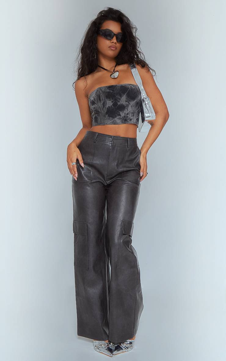 Noir Pantalon Cargo Large À Poches En Synthétiquecuir Effet Délavé