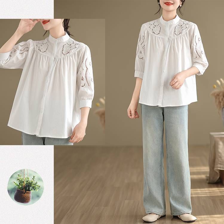 Lewwe - Blouse met elleboogmouw, kraag en effen borduursel