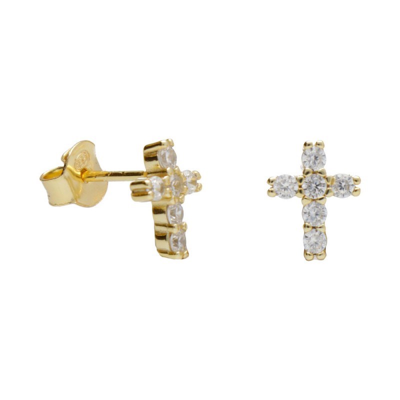 Boucles d'Oreilles Argent 925/000 Doré - Croix Pavée de Zirconiums