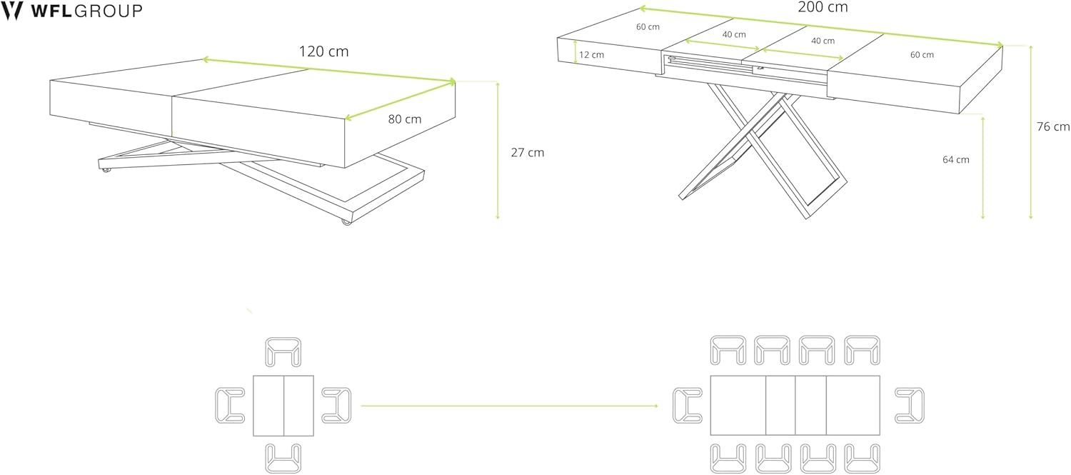 WFL GROUP Couchtisch Höhenverstellbar und Ausziehbar Cavetta U - Wohnzimmertisch Esstisch Multifunktionstisch mit Schwarzem Metallgestell 120-200/80/27-76 cm Lancelot Eiche
