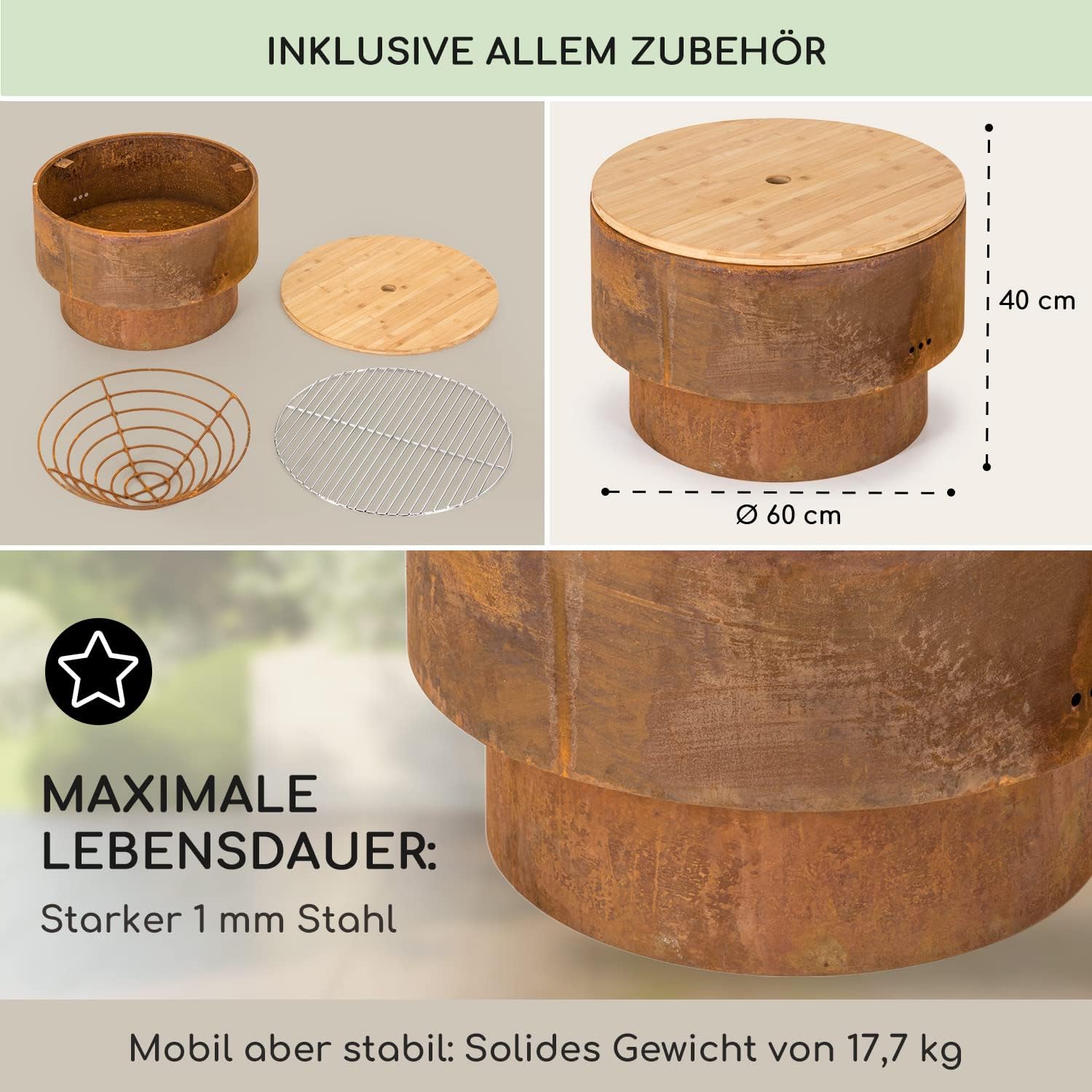Blumfeldt Tragbarer Holzöfen-Grill für Garten und Camping, mit Ständer, multifunktional, sehr robust
