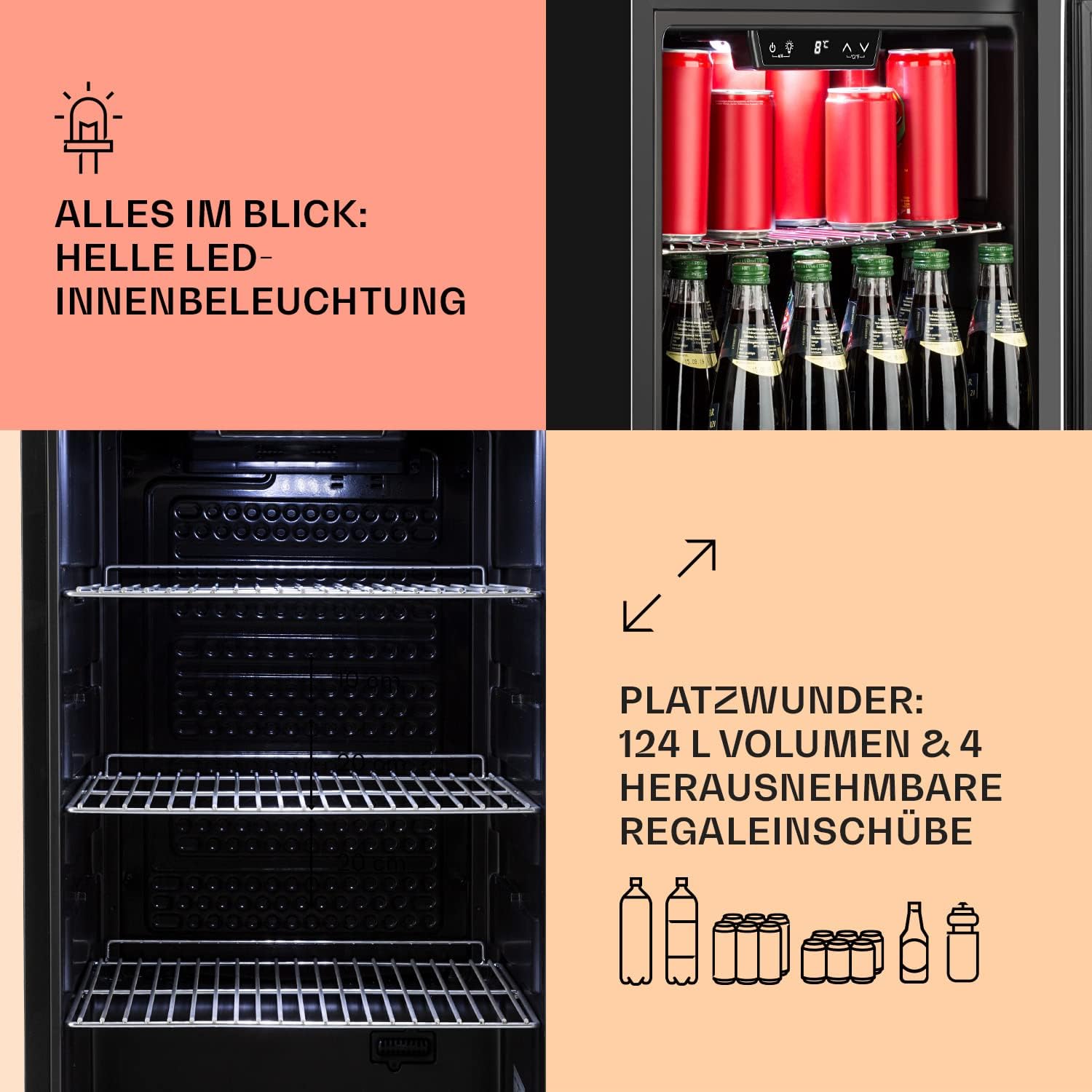 Klarstein Mini Kühlschrank mit Glastür, Mini-Kühlschrank für Zimmer, Getränkekühlschrank Klein mit Verstellbaren Ablagen, Kleiner Kühlschrank 124 L, Indoor/Outdoor Kühlschrank Leise