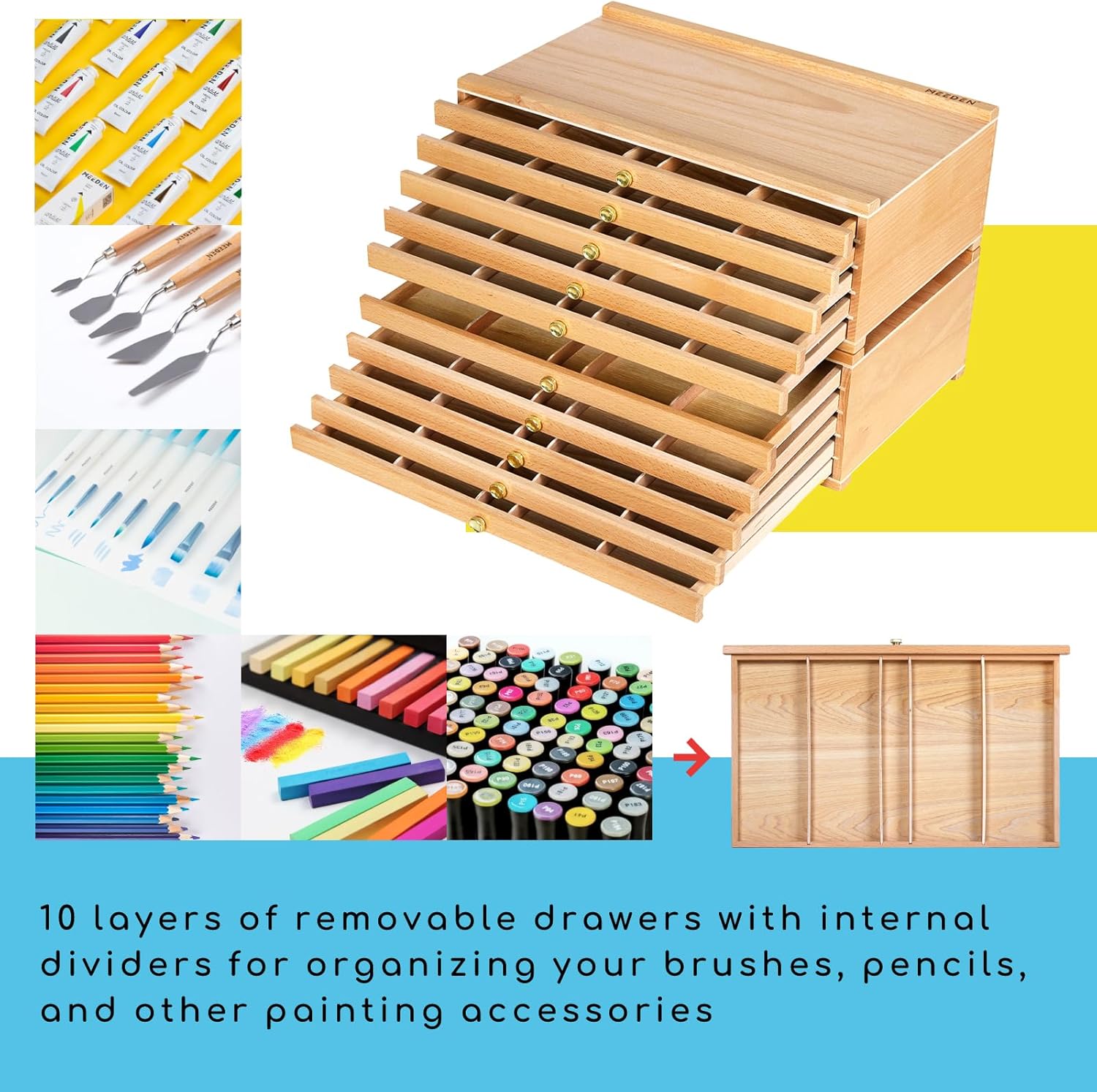 MEEDEN Künstlerbedarf Aufbewahrungsbox mit 10 Schubladen -Große Multifunktions-Bleistiftbox aus Buchenholz mit Schubladen und Fächern für Pastelle, Bleistifte, Stifte, Marker, Pinsel und Stempel