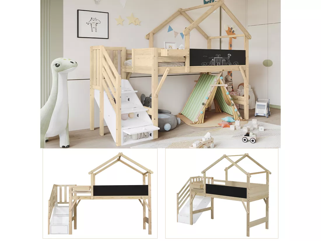 Lit mezzanine enfant - 90 x 200 cm - avec 3 rangements dans l'escalier - pin+MDF - blanc