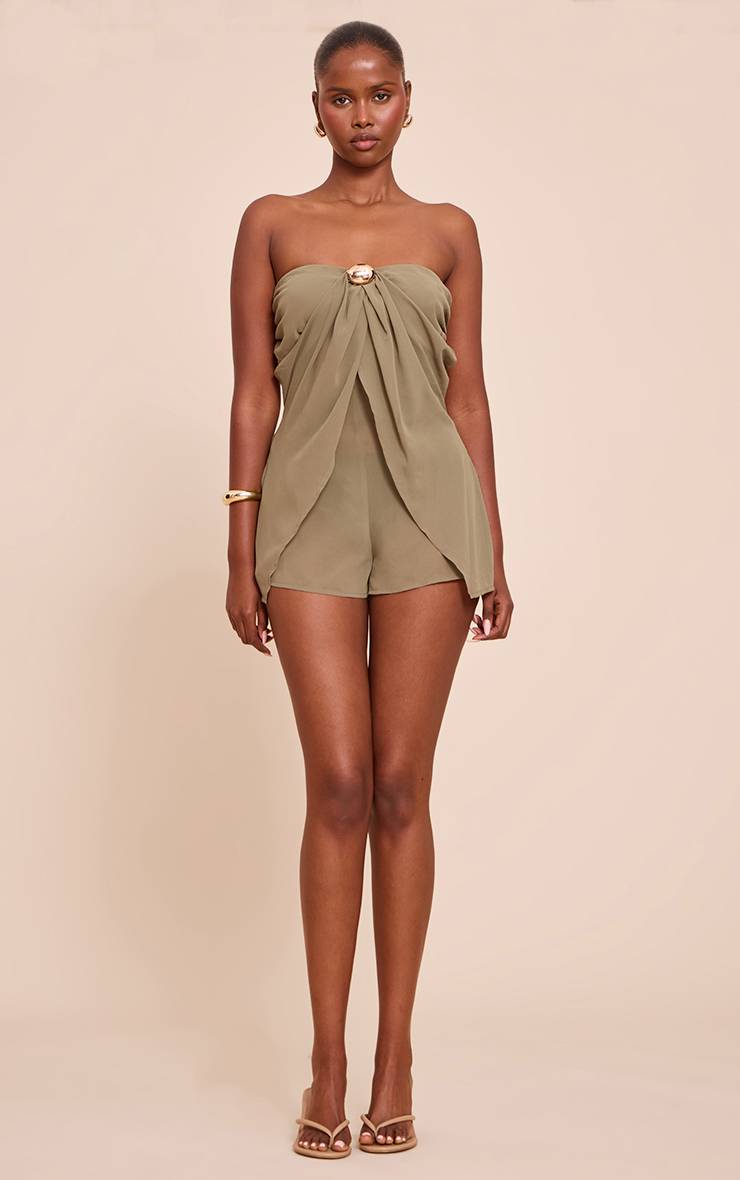 Vert Olive Combinaison-short Bustier À Détails Bordure Mousseline