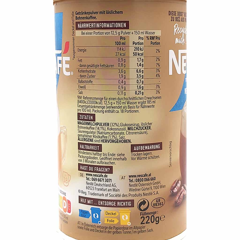 Nescafe Cappuccino weniger Süss 220g Dose MHD:30.10.25