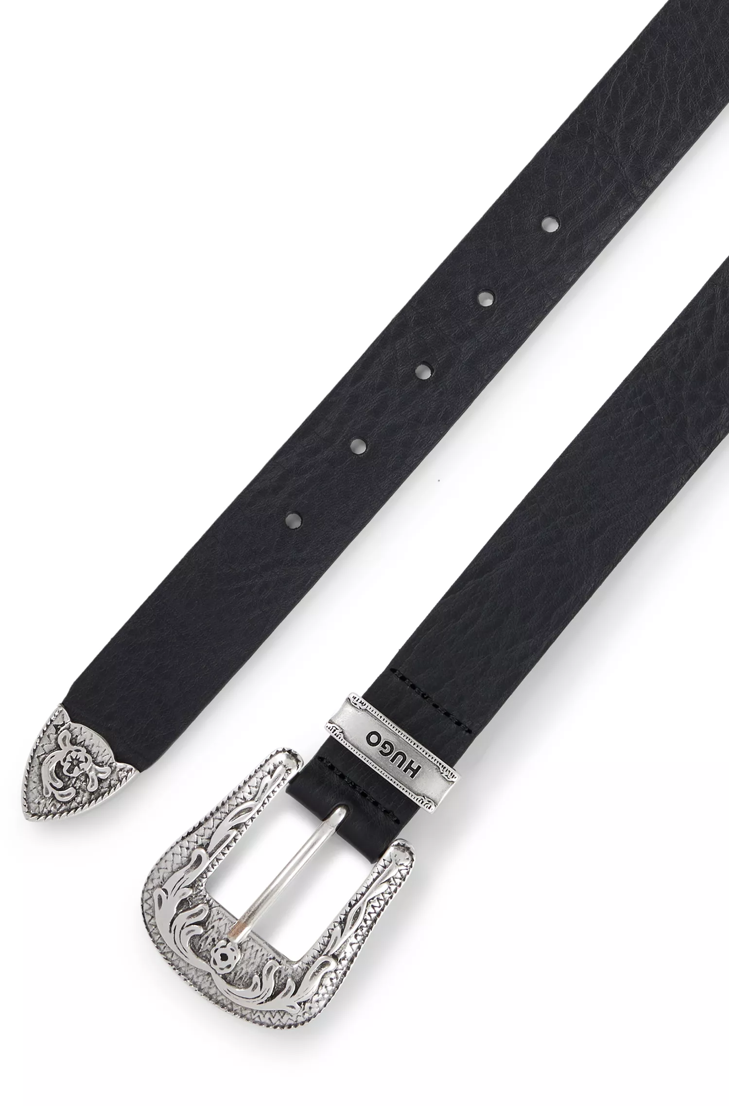 Cinto HUGO em couro italiano vermelho com fivela ornamentada, passador e ponteira.