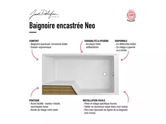 Baignoire bain douche 170 x 90 cm JACOB DELAFON Neo blanc brillant droite