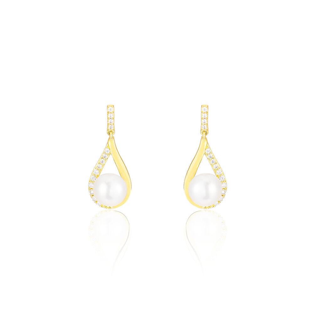 Boucles D'oreilles Pendantes Helin Or Jaune Perle De Culture Et Oxyde