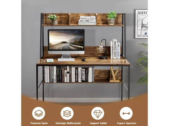Bureau avec Bibliothèque, Table d’Ordinateur 120 x 55 cm, Bureau à Domicile avec Étagères de Rangement, Table de Travail Design Industriel, 57 x 120 x 139,5 cm (Marron Rustique)