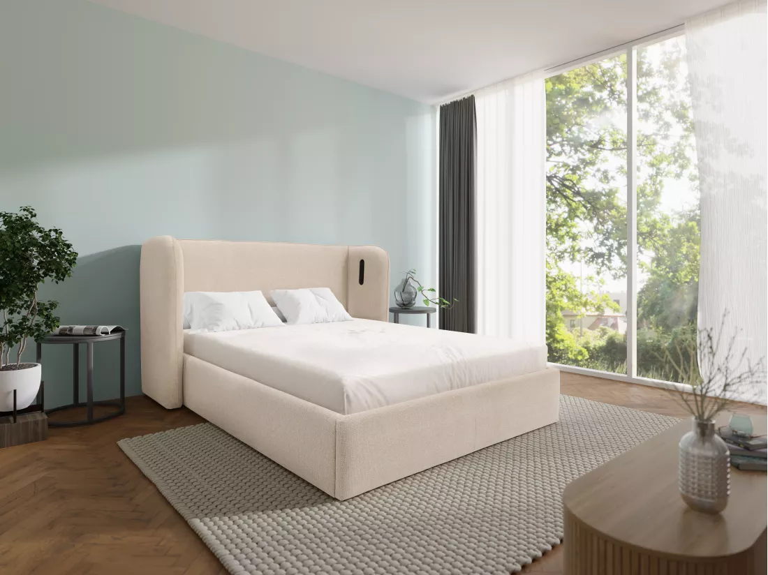 Lit coffre 180 x 200 cm avec tête de lit incurvée - Avec LEDs - Tissu - Beige - STOKALI