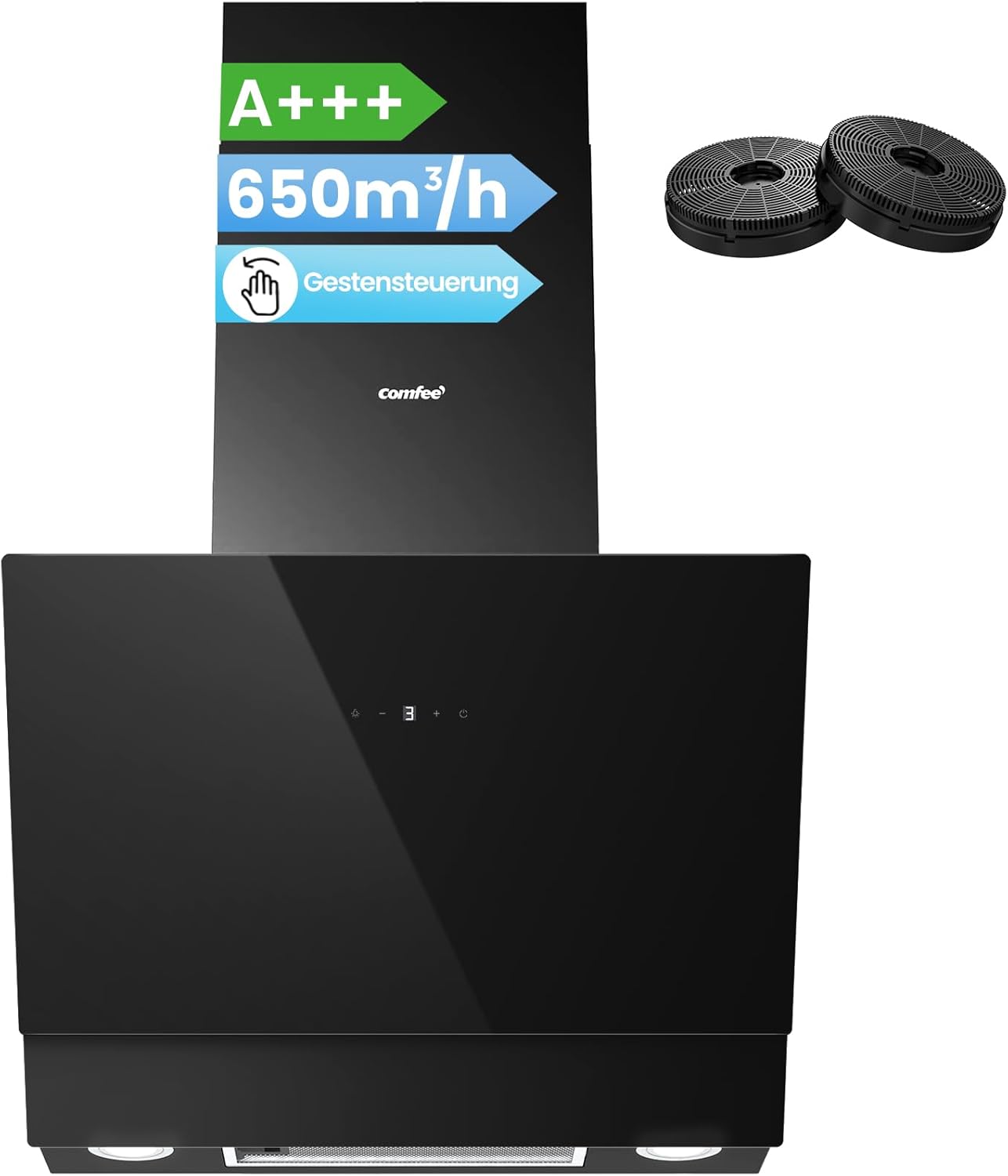COMFEE' CH60J72ET6A3B A+++ Dunstabzugshaube 60 cm, 650m³/h Luftstrom, Kopffreihaube 60cm Umluft und Abluft, Touchscreen, Gestensteuerung, 4 Geschwindigkeiten, LED, Schwarz