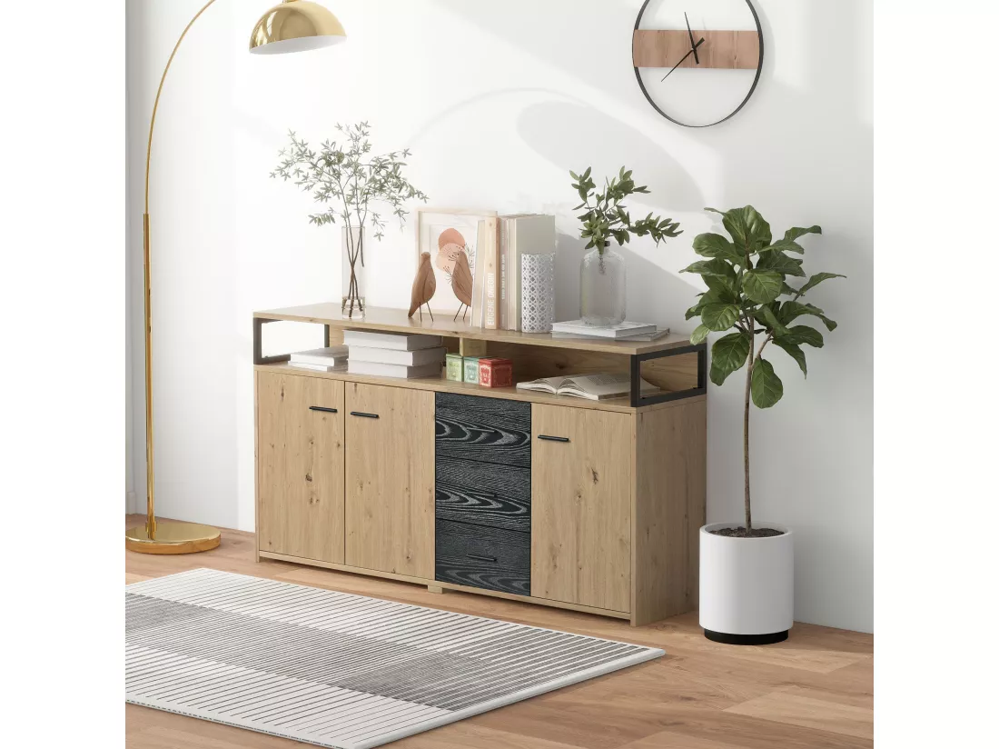 Buffet industriel effet bois avec 3 portes et 3 tiroirs rangement avec poignée métallique 150x35x75,9cm VAGNAD