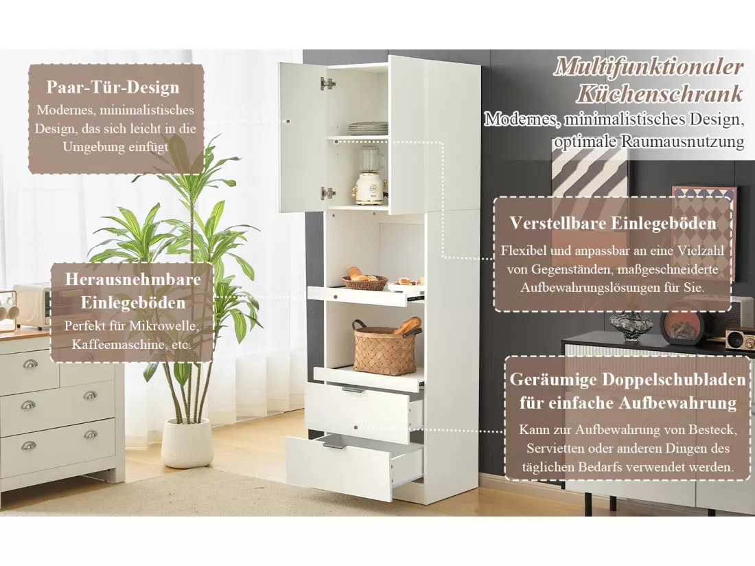 Buffet de cuisine avec 2 portes, 2 tiroirs et étagères - 59.5 x 45 x 200 cm - Bois MDF - Blanc