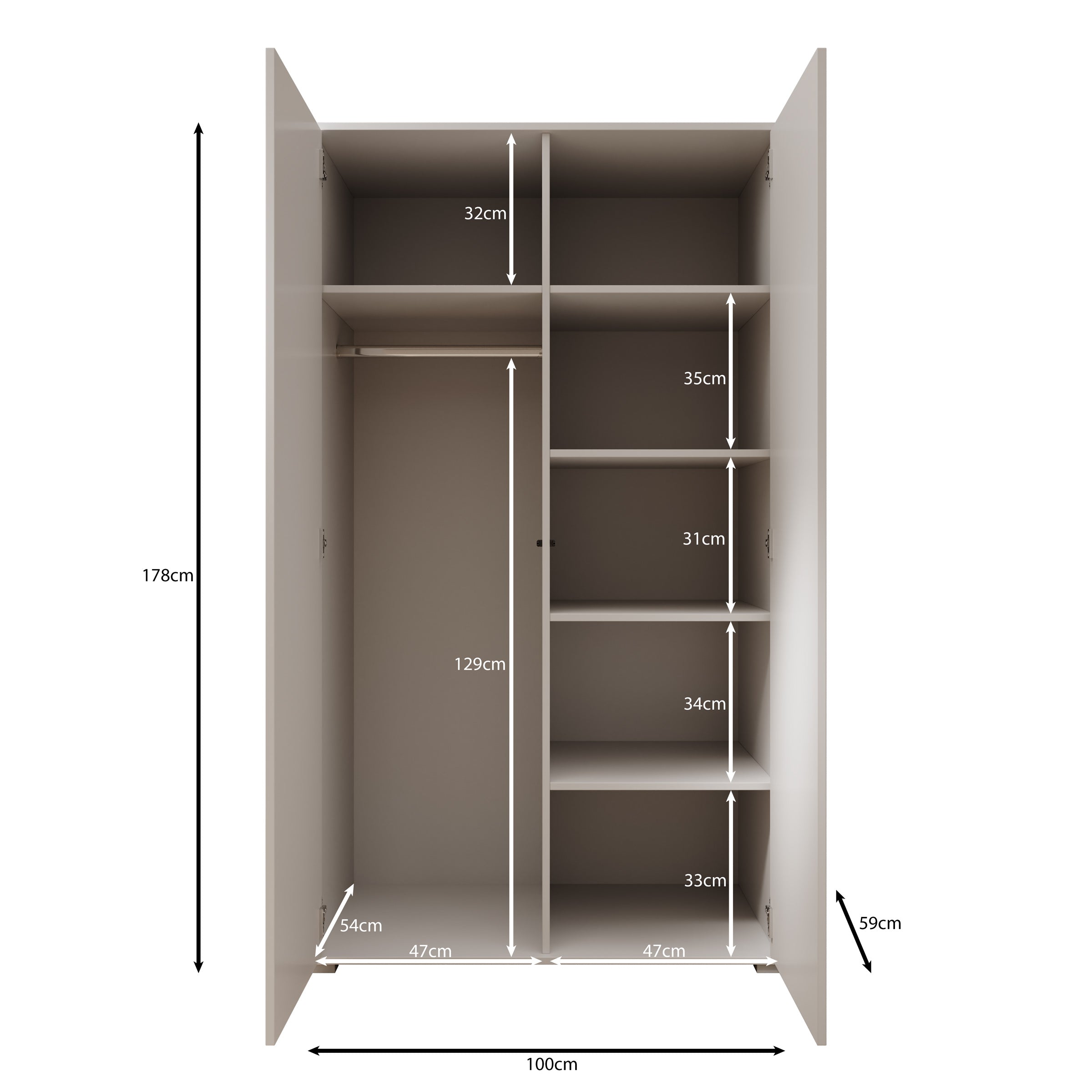 Meubella - Gideon - Kledingkast 2-deurs - Wit - 100x59x178 cm