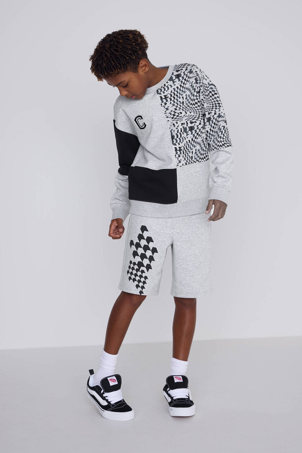 Coolcat sweater Nathan met allover print grijs melange