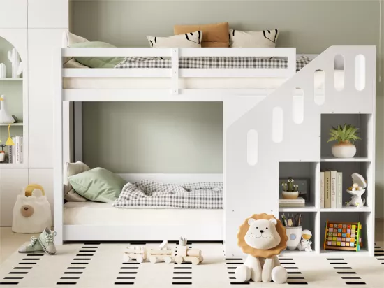 Lit superposé pour enfant - 2x90x200 cm - avec casier d'escalier et garde-corps - Blanc (sans matelas)