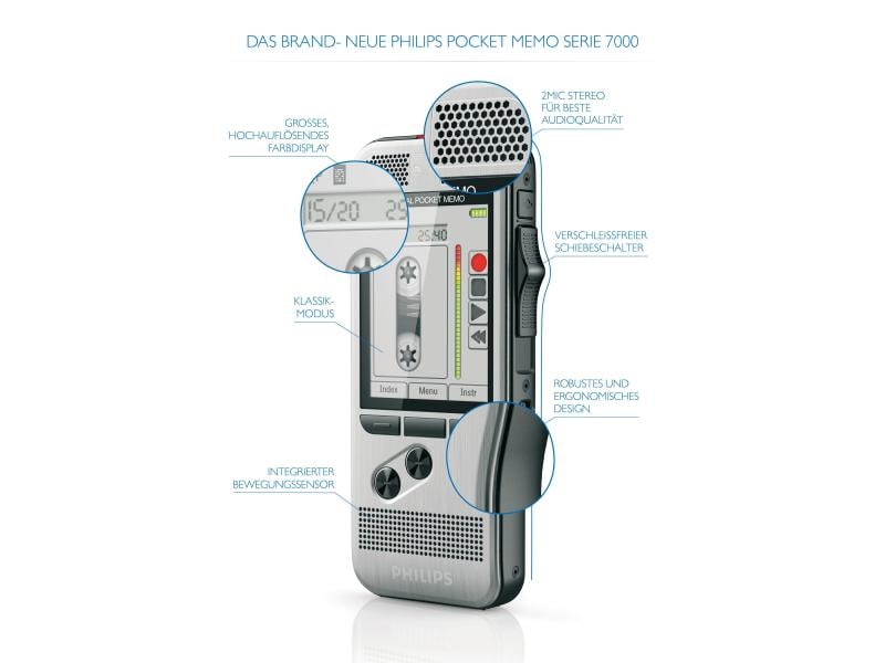 Philips Diktiergerät Digital Pocket Memo DPM7200 Digitales Diktiergerät mit konfigurierbarem 4-Positions-Schiebeschalter