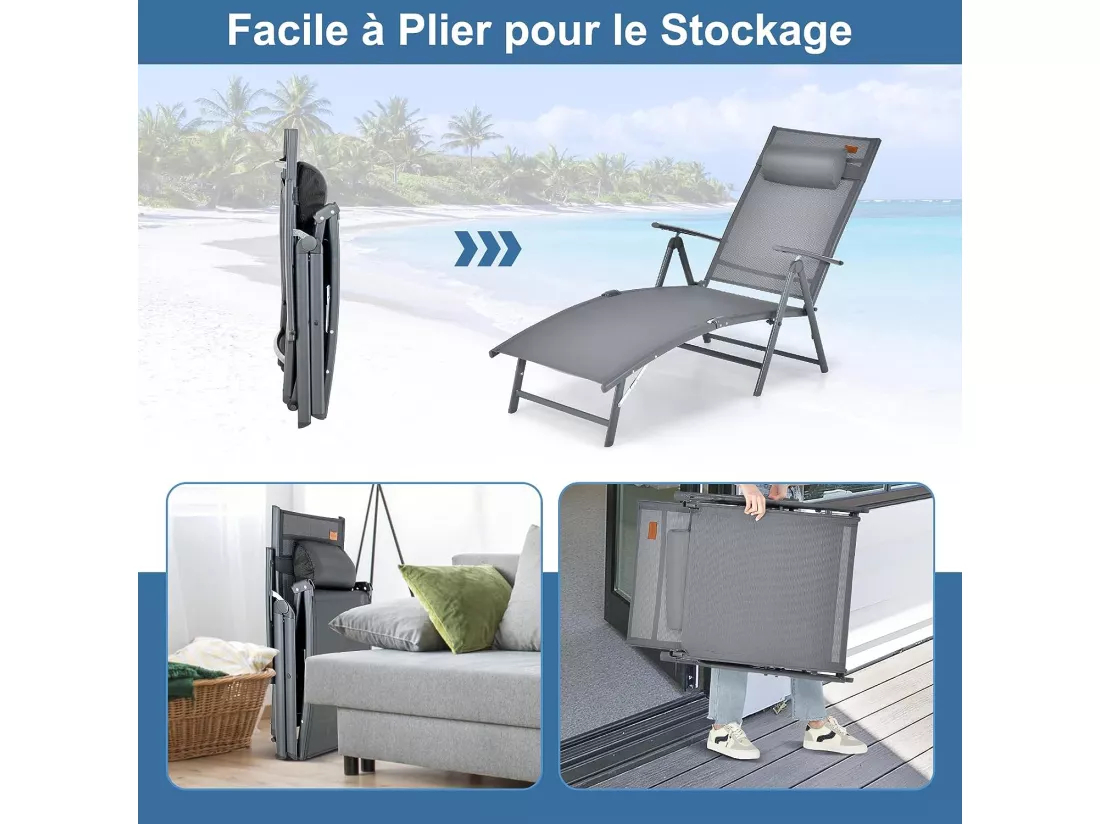 Chaise Longue Pliante, Transat Inclinable Portable avec Dossier Réglable sur 7 Positions, Bain de Soleil avec Accoudoir, Repose-Tête, Extérieur pour Piscine, Jardin, Balcon (Gris)