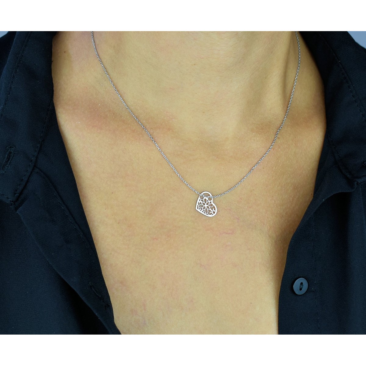 Parure 2 coeurs chaînettes pendantes coeur ajouré d'arabesques Argent 925 Rhodié
