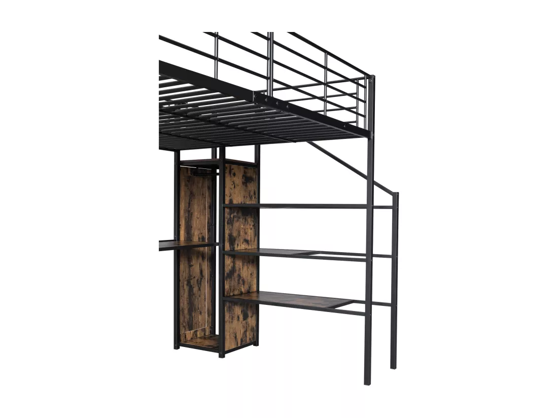 Lit mezzanine 140x200cm en métal - avec bureau、armoire et échelle de rangement - Noir