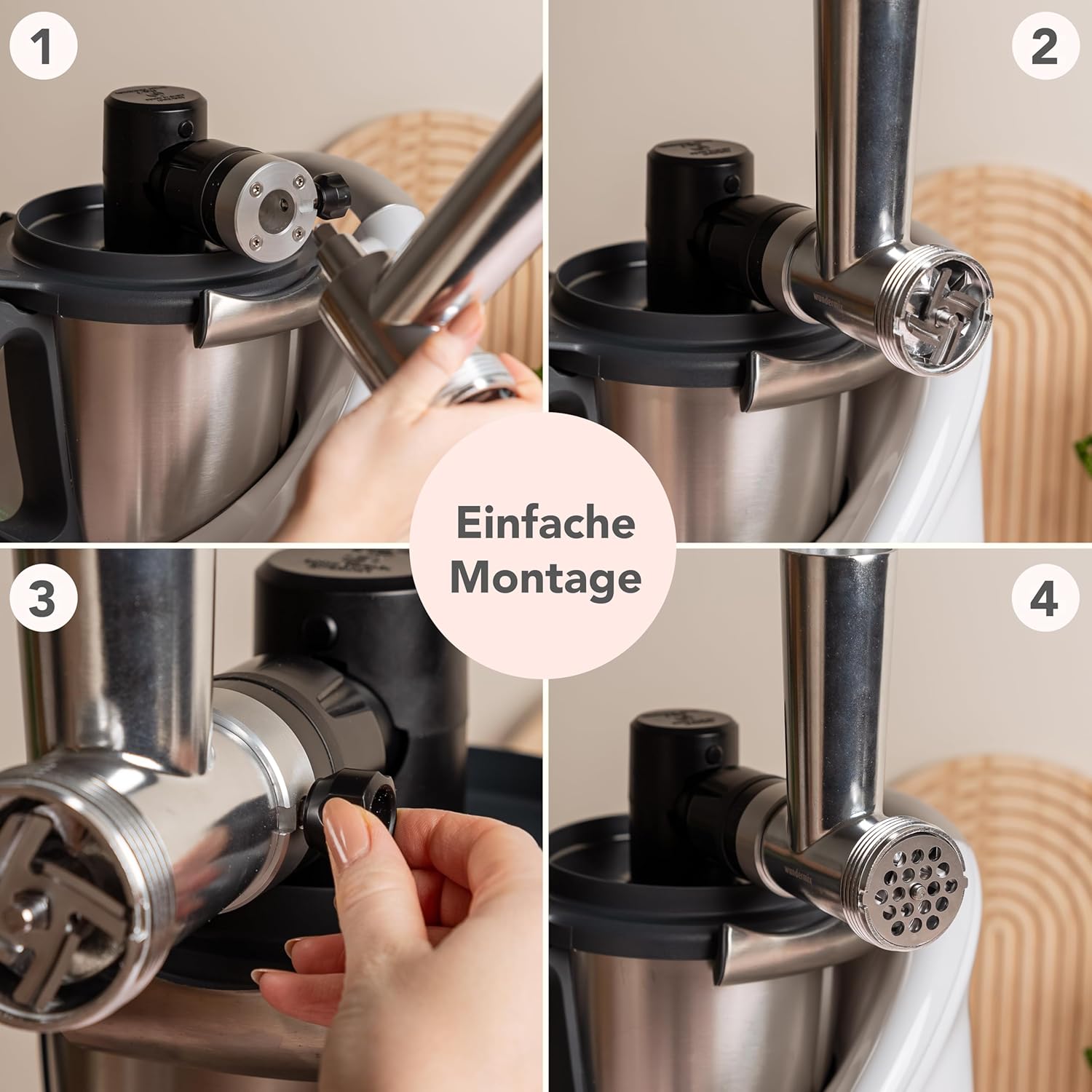 Wundermix - WunderCentix® Achse + Fleischwolf Aufsatz für Thermomix TM6 TM5 • Edelstahl • mit Wurstfüller für Burger, Wurst & Spritzgebäck • Thermomix Zubehör Fleischmaschine elektrisch